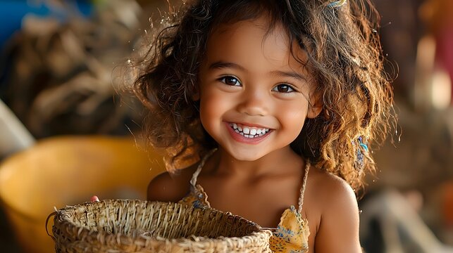 Tongan girl smiling joyfully while wearing a traditional ta ovala woven mat wrap and tapa cloth in a natural outdoor setting