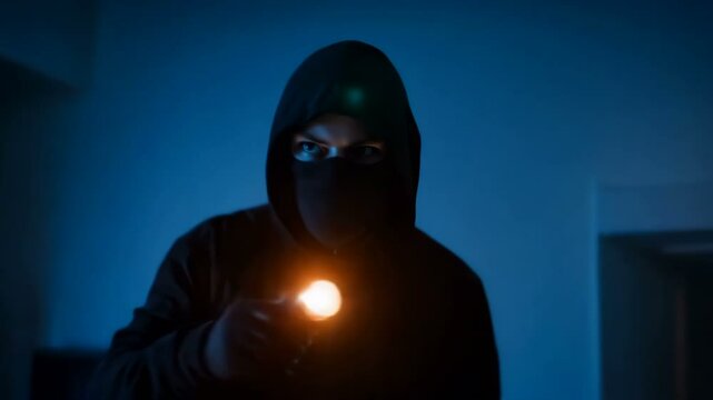 A stealthy intruder is moving quietly with a flashlight in a dark setting filled with ominous shadows