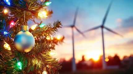 Christmas Tree Adorned With Colorful Ornaments and Lights Against Wind Turbines at Sunset
