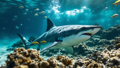 Fototapeta premium Great White Shark Swimming Gracefully Underwater Among Coral Reef and Fish