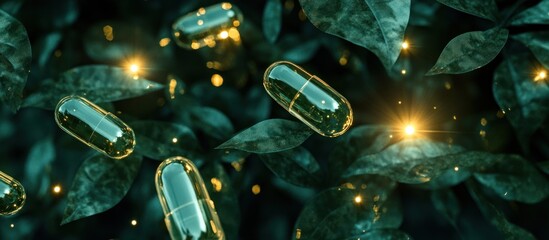 Natural Supplements: Golden Capsules Amidst Lush Green Leaves