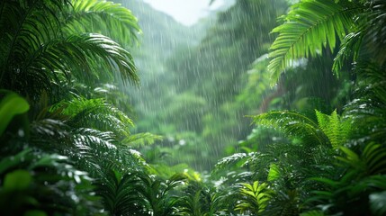Obraz premium Tropical rainforest downpour, lush foliage, mountain backdrop, nature scene
