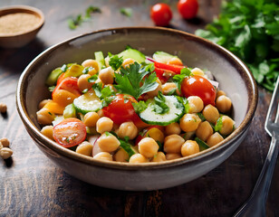 A bowl of chickpea salad with tomatoes, cucumbers, and parsley, garnished with a sprinkle of spices