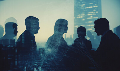 There are silhouettes of several business people doing various activities, some talking and some using mobile phones
