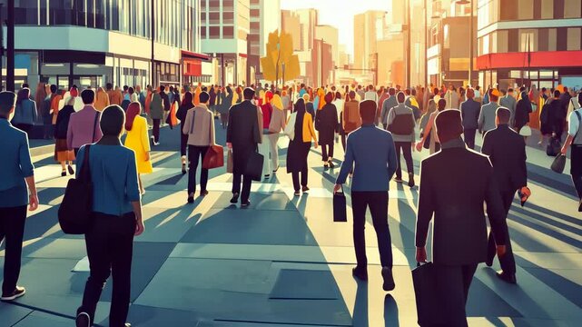 crowded plaza with people from diverse backgrounds, vibrant and dynamic, focus on community and human interaction