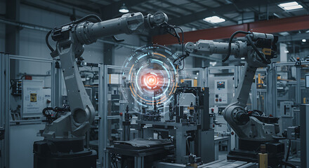 Industrial Robots Performing Automated Tasks in Factory Setting