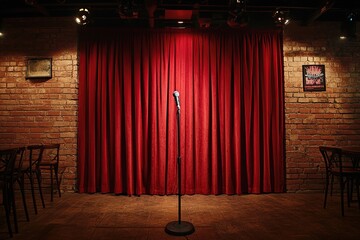 Stand-up Comedy Show: Red Curtains, Brick Walls, Microphone Awaits Comedian's Jokes on Stage