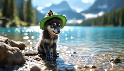 Obraz premium Cute Puppy with Green Hat Sitting by a Sparkling Mountain Lake