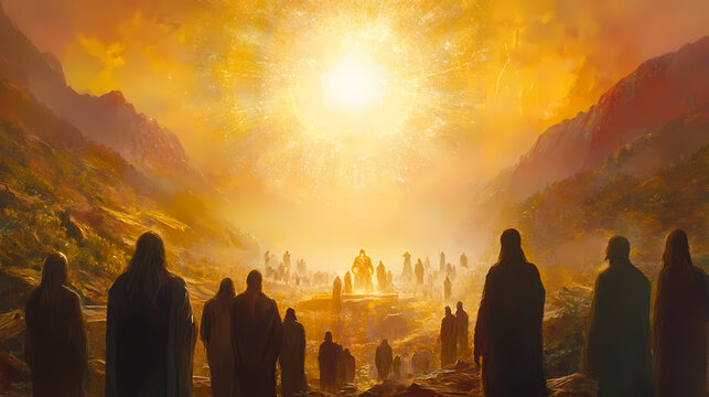 Celestial scene depicting ethereal beings witnessing a radiant cosmic event in a mystical landscape at twilight. Ancient Cosmic Beings. Illustration