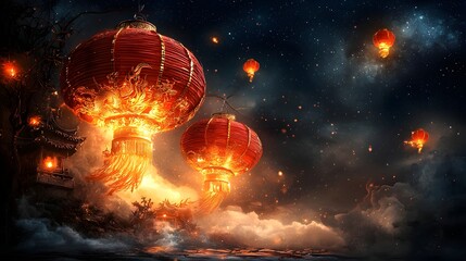 Dramatic eruption of fiery explosions and scorching flames bursting forth in a night sky filled with chaos and apocalyptic destruction