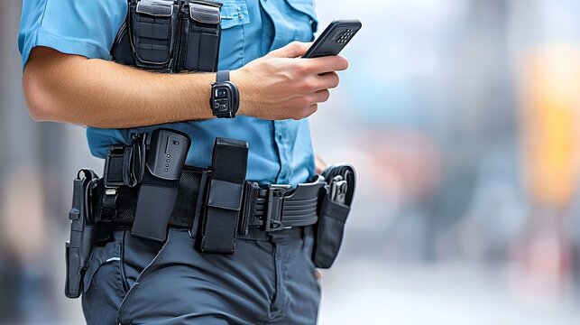 Close up view of a security officer s utility belt featuring a radio handcuffs flashlight and other essential tactical gear and equipment required for law enforcement and public safety duties