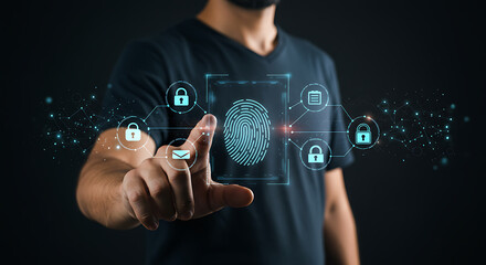 Man Touching Fingerprint Interface On A Dark Background