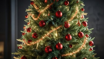 Fototapeta premium Festive red and green tinsel on a tall Christmas tree, green tinsel, festive red tinsel