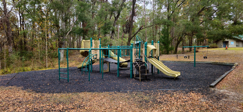 a landscape shot of Playground equipment with no people