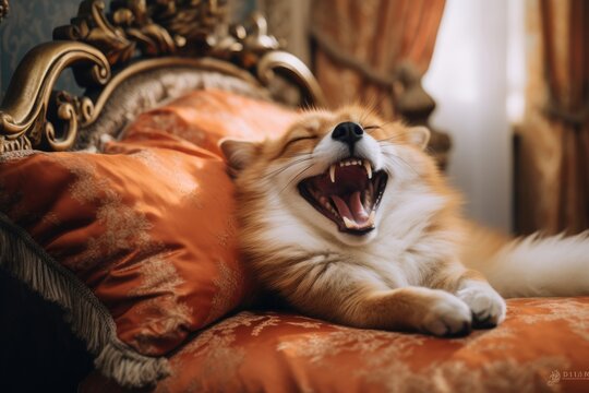 Sleepy pomeranian dog yawning while lying on luxury vintage sofa with orange pillows. Cozy home pet portrait for National Pet Day, World Animal Day, Dog Day, Thanksgiving and Christmas - Powered by Adobe