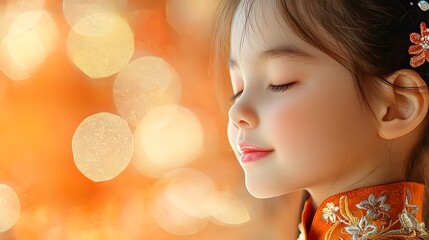 Fototapeta premium Closeup portrait of a smiling young Asian girl wearing a vibrant colorful traditional Chinese qipao dress with intricate floral embroidery The girl has a peaceful