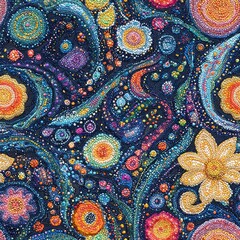 Vibrant Abstract Design Featuring Colorful Swirls and Floral Elements Against a Dark Background