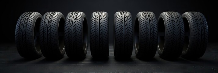 Row of new black tires on dark background, highlighting tire tread patterns for automotive advertising or National Tire Safety Week campaign