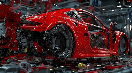 Fototapeta premium Closeup view of high precision automotive carbon fiber components being vacuum sealed and undergoing the curing process within a modern well organized industrial factory setting