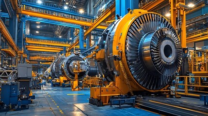 Colossal Generators Powering an Expansive Nuclear Turbine Hall A vast and imposing industrial space filled with massive turbines and machinery