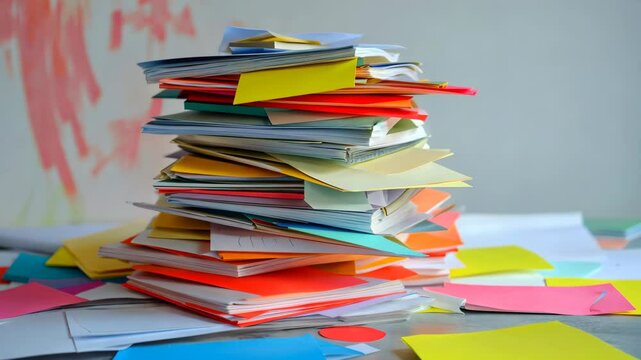 stack of papers with sticky notes, dynamic and colorful organizational process