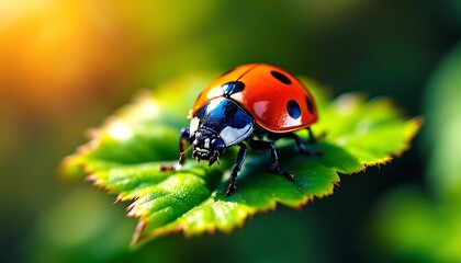 Fototapeta premium Ladybug Close-up on Green Leaf in Natural Garden Setting