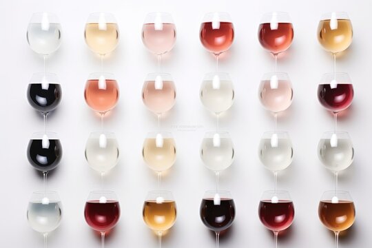 Different types of wine glasses with red white and rose wines on white background with copy space. Minimal pattern. Wine tasting event concept for Valentine day, Christmas, New Year party