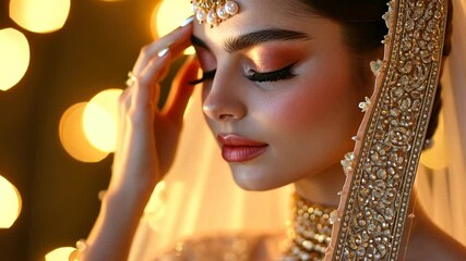 Makeup artist working on bridal makeup, warm studio lighting and elegant atmosphere, creative professional setup