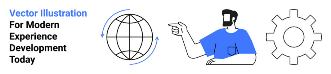 Globe with rotation arrows, man pointing, gear icon symbolizing progress, teamwork, and strategy. Ideal for technology, innovation, development, education consulting collaboration flat landing