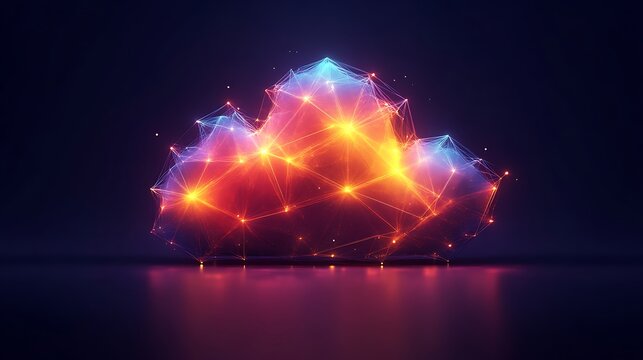 A digital cloud with a glowing network connection and a dark background surface