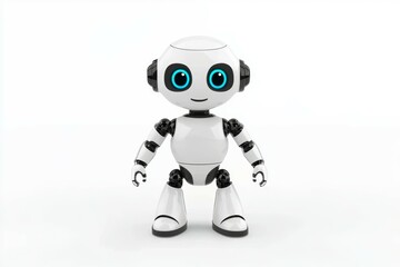 Robot with blue eyes and white body is standing on a white background