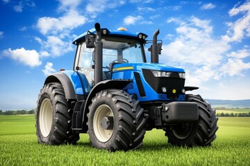 Obraz premium Blue tractor is parked in a field