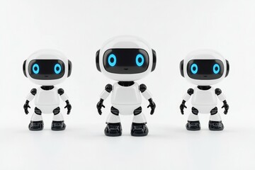 Fototapeta premium Three robots standing in a row, each with blue eyes