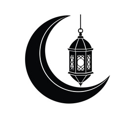  A collection of hanging light and Moon  for an Eid and Ramadan celebration decorative theme, black contour vector art.


