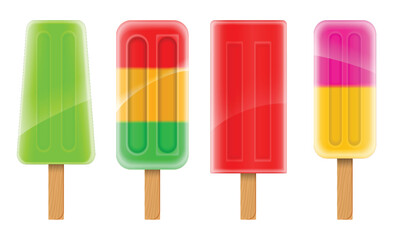 Set illustration of four ice pops featuring various designs and colors. The image showcases green, striped, red, and pink-yellow ice pops with wooden sticks, evoking a refreshing and fun summer vibe.