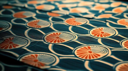 Obraz premium Close-up of teal fabric with red and white floral pattern.