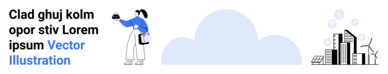 Person with device, cloud graphic, eco-friendly cityscape with solar panels and windmills. Ideal for sustainability, innovation, technology, urban planning, environment, green energy flat landing