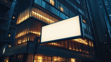 Blank billboard on city building at night.