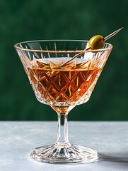 Elegant Amber Cocktail in Cut-Glass Coupe: A sophisticated drink garnished with a green olive, set against a deep green background