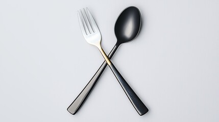 Elegant Black and Silver Cutlery on Neutral Background: Minimalist Flatlay Photography of Spoon and Fork