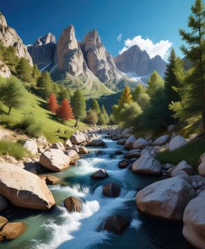 Flowing whitewater creek under a clear blue sky in picturesque Vallon Popera with Croda Rossa peak, landscape, flowing