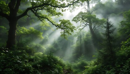 Fototapeta premium Sunbeams Through Misty Forest Landscape Photography