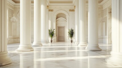 Obraz premium Sunlit grand hall with white marble columns and floor.
