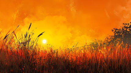 Golden sunset over tall grass, vibrant orange and yellow hues, highlighting a warm summer evening and themes of extreme heat and climate change. Extreme Contrast Themes. Illustration