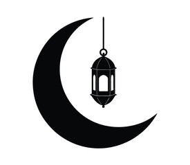  A collection of hanging light and Moon  for an Eid and Ramadan celebration decorative theme, black contour vector art.


