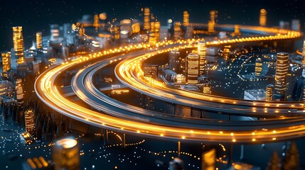 Glowing fiber optic digital information highway illuminating a futuristic ultramodern city skyline at night  Skyscrapers and high speed roads create a dynamic technologically advanced urban landscape