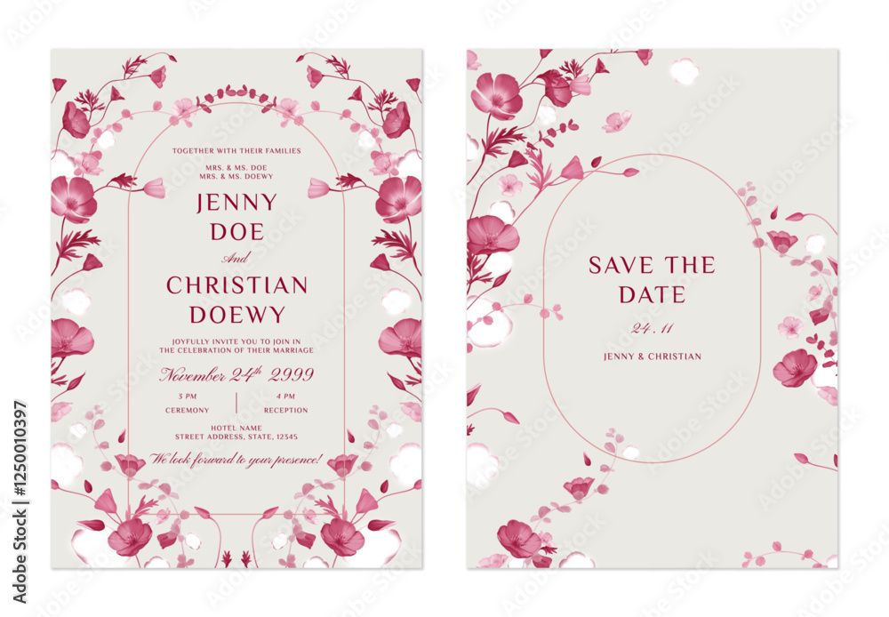 Wall mural wedding invitation and save the date template set of delicate pink floral arranged in a graceful, ar