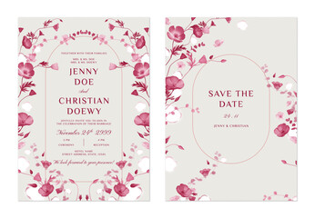 wedding invitation and save the date template set of delicate pink floral arranged in a graceful, arching pattern on a gray background, adding a classic and elegant feel