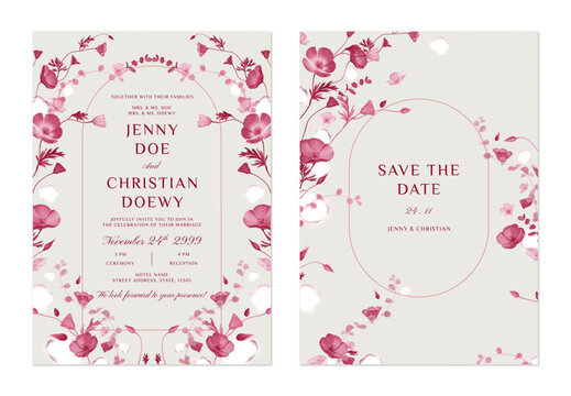 wedding invitation and save the date template set of delicate pink floral arranged in a graceful, arching pattern on a gray background, adding a classic and elegant feel