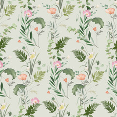 Floral seamless pattern features a variety of flowers and foliage in a rich, naturalistic style on a light green background, creating a vibrant and visually engaging design